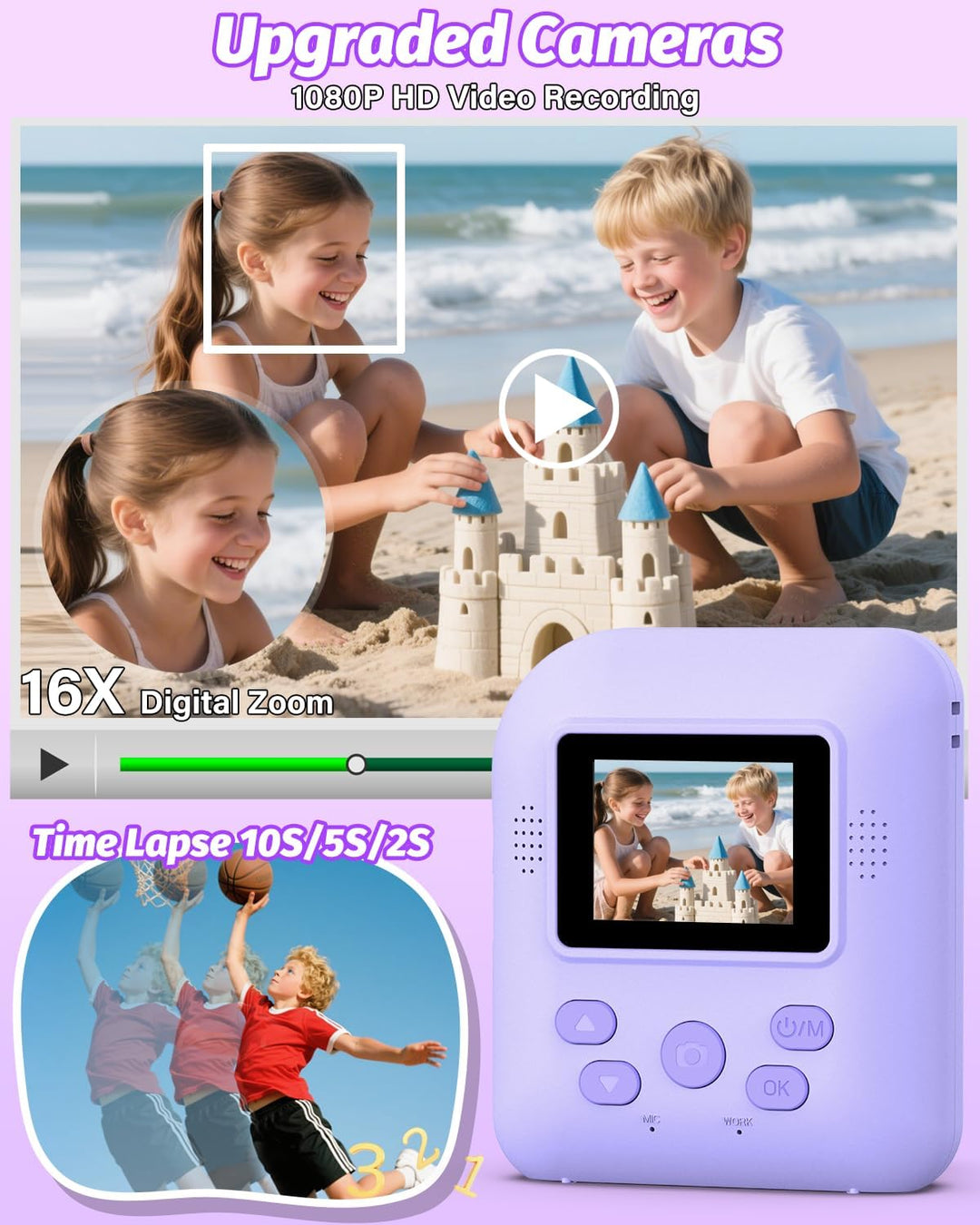 Teslahero Cámara para Niños con Impresión Instantánea de Fotos, Cám...