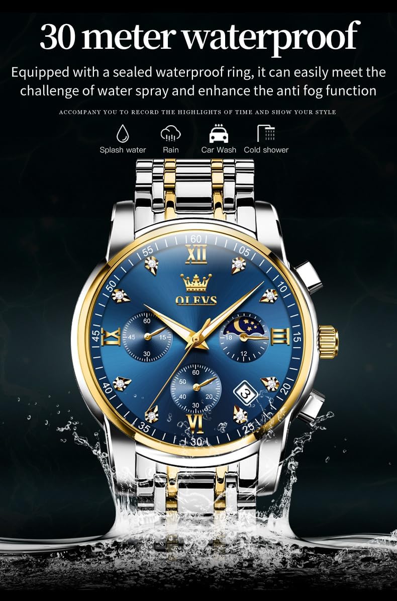 OLEVS Reloj para Hombre Diamante Negocios Vestimenta Analógico Acero Inoxidable a Prueba de Agua Lúmina Fecha Dos Tonos Lujo Casual de Muñeca