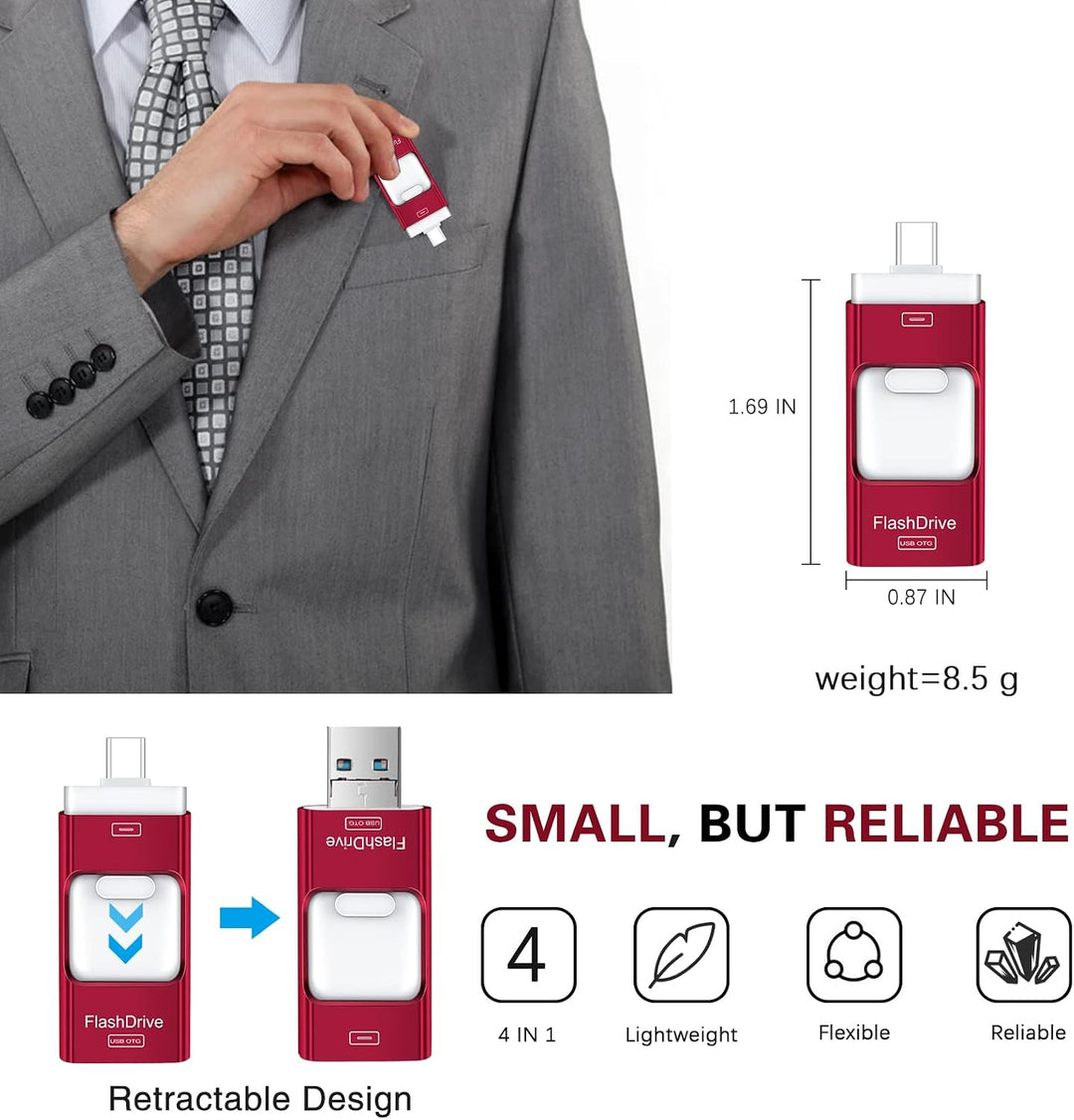 Unidad flash para iPhone 256GB, 4 en 1 memoria USB tipo C, memoria...