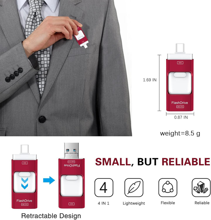 Unidad flash para iPhone 256GB, 4 en 1 memoria USB tipo C, memoria...