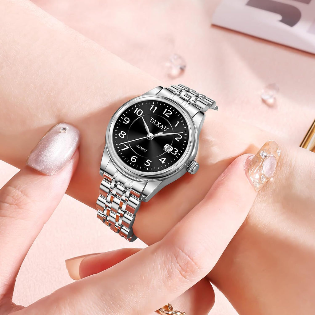 Reloj de Mujer Elegante Impermeable con Fecha Números Árabes Grandes Analógico Cuarzo Bicolor Acero Inoxidable Reloj de Muñeca Pequeña