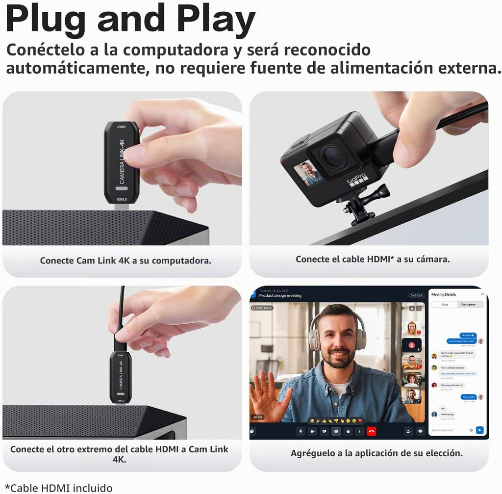 Cam Link 4K - Tarjeta de captura externa para videocámara DSLR ActionCam como cámara web, HDMI a USB 3.0, reunión/transmisión/grabación en 4K60/1080p120, fácil conexión para OBS/Zoom