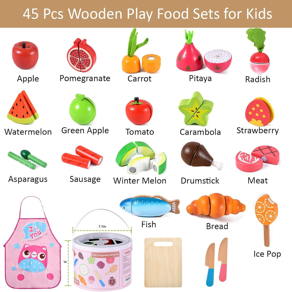 WHOLL - Juego de 45 piezas de comida de madera para niños, juguetes de