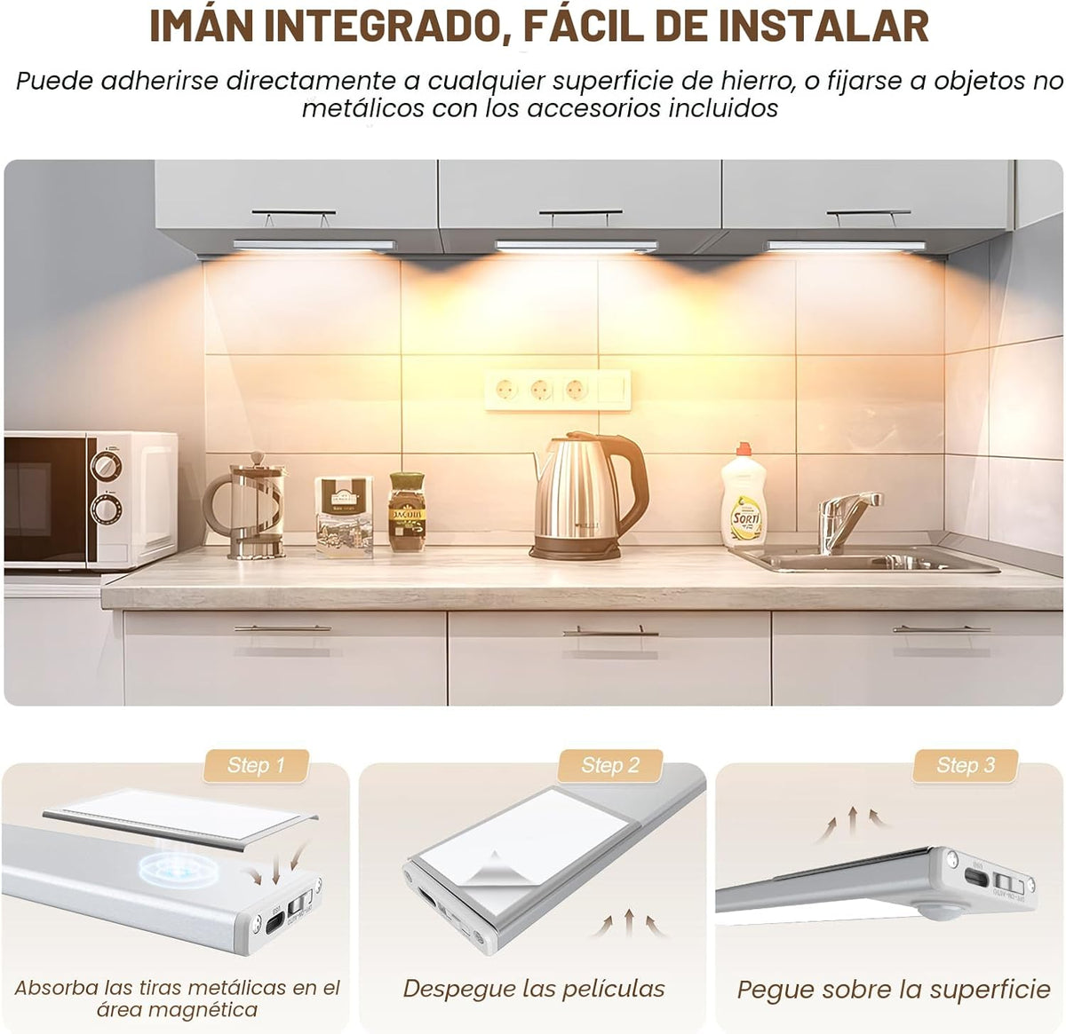 Paquete de 6 luces inalámbricas para debajo del gabinete, 32 luces LED con sensor de movimiento, luces magnéticas recargables para interiores, funciona con pilas, luces debajo del mostrador para
