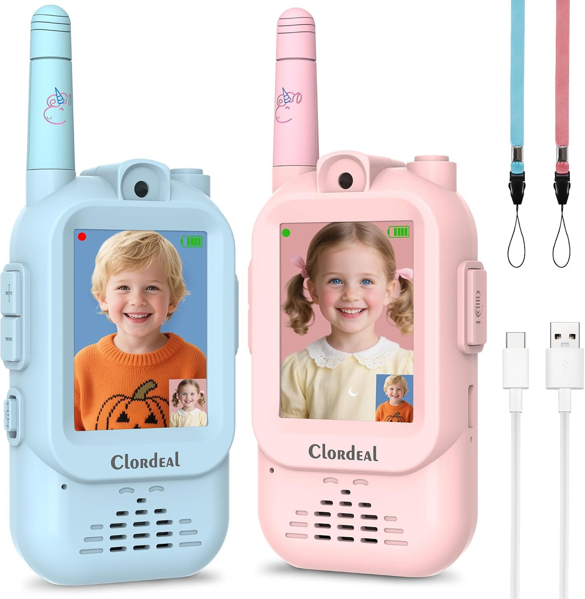 Walkie Talkies de video para niños, con cámara, 5 efectos de voz, filtros y calcomanías creativos, y micro chat, walkie talkie para exploración al aire libre, campamento, patio trasero