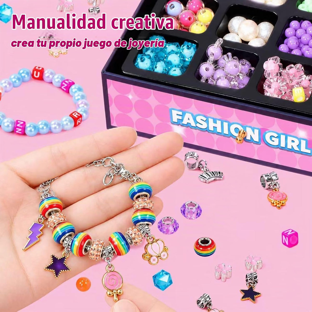 WOANZZ Kit de fabricación de pulseras con dijes, kits de fabricación de joyas para niñas de 8 a 12 años, joyero con cuentas, kit de collar, manualidades, regalo de cumpleaños para niñas de 6, 7, 8, 10, 11, 12 años, color rosa