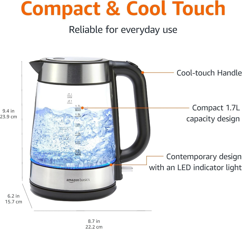 Amazon Basics Hervidor eléctrico con jarra de vidrio para té y café, sin BPA, de ebullición rápida, apagado automático, protección contra hervir, indicador de nivel de agua, 1.7 litros, 1500 W