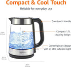 Amazon Basics Hervidor eléctrico con jarra de vidrio para té y café, sin BPA, de ebullición rápida, apagado automático, protección contra hervir, indicador de nivel de agua, 1.7 litros, 1500 W