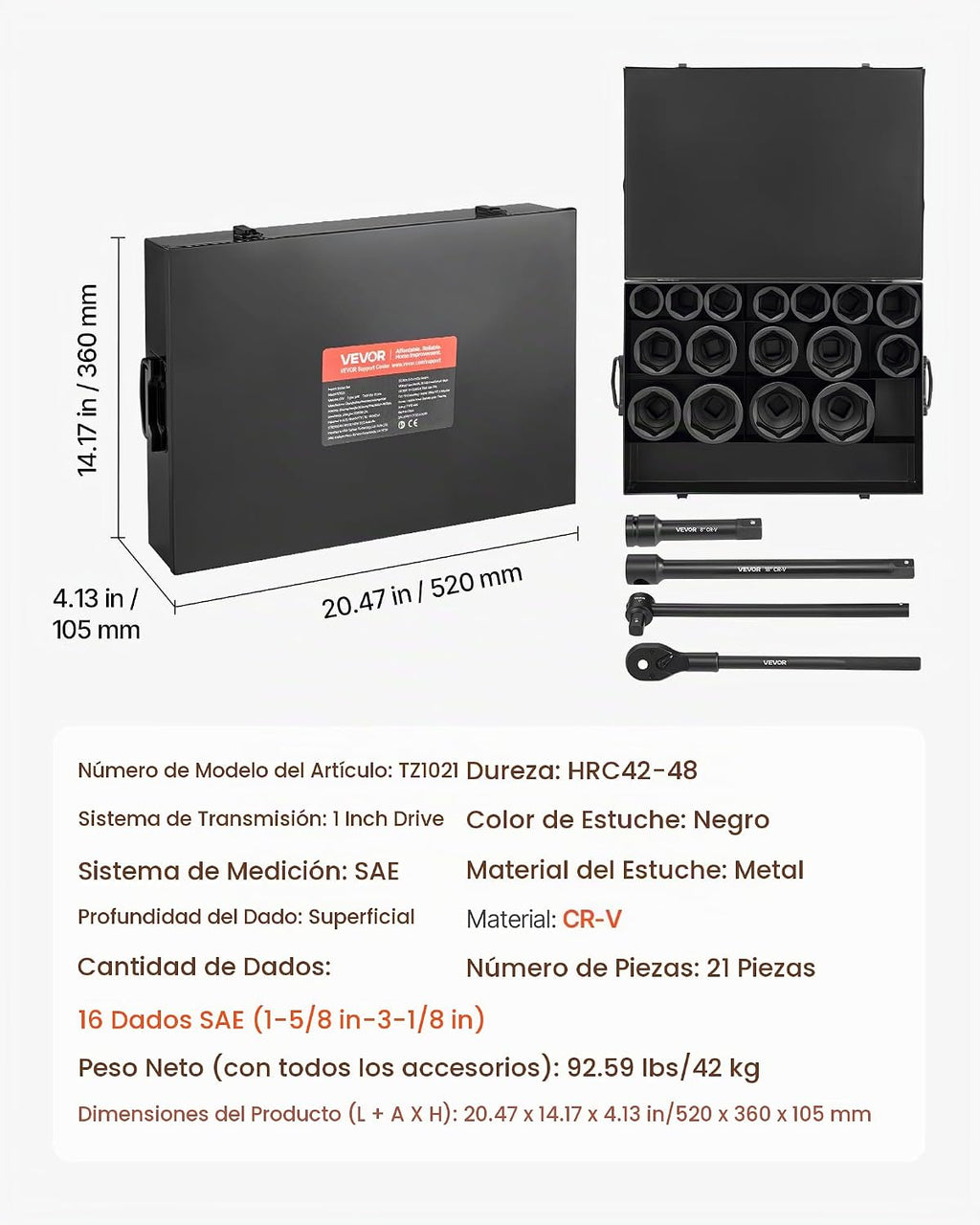 VEVOR Juego de Dados de Impacto de 1 pulgada, 21 Piezas, Dados de Impacto Poco Profundos de 6 Puntos, SAE (1-5/8 pulgadas a 3-1/8 pulgadas), con Barras de Extensión de 8 pulgadas y 18 pulgadas