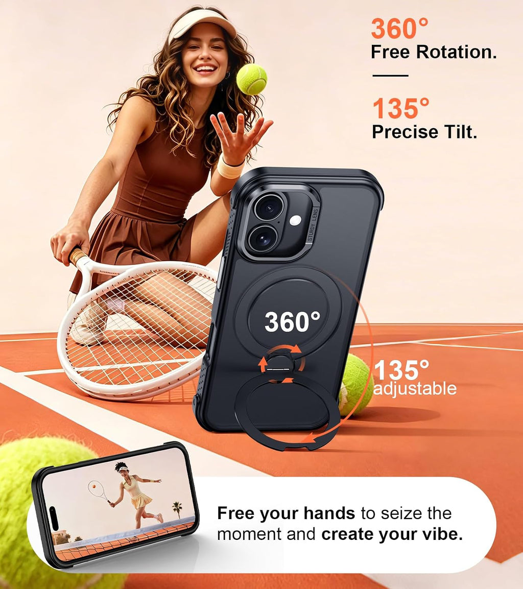 Funda compatible con iPhone 16 con soporte magnético giratorio de 360°, funda translúcida mate de grado militar de 6.1 pulgadas, color negro