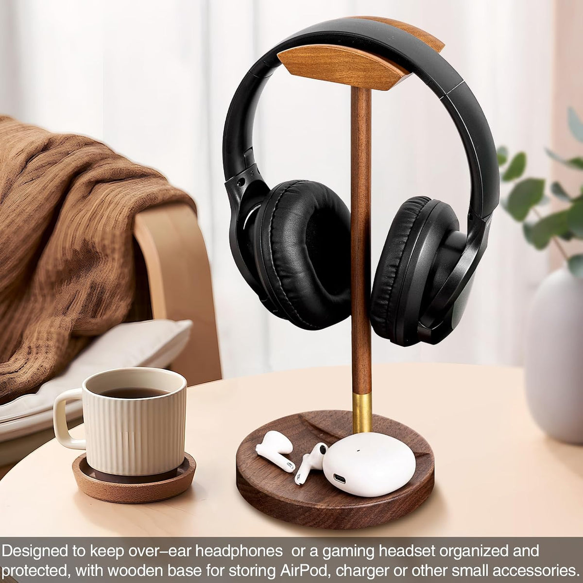 Soporte de auriculares para escritorio, soporte de madera maciza para videojuegos, soporte de auriculares de escritorio para AirPods Max, Sony, Bose, Beats, auriculares para juegos