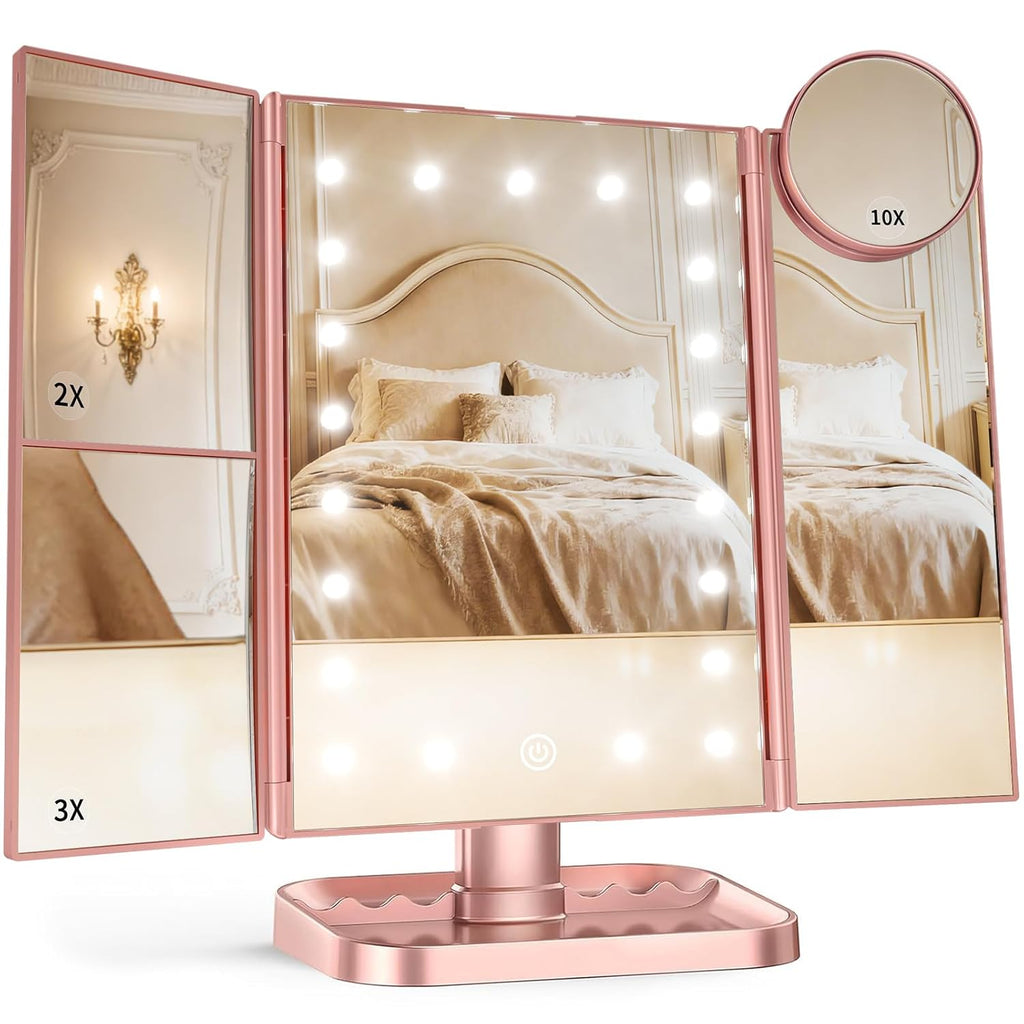 Espejo de tocador con aumento 2X/3X/10X con iluminación, espejo de maquillaje plegable trifold