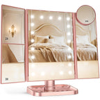 Espejo de tocador con aumento 2X/3X/10X con iluminación, espejo de maquillaje plegable trifold