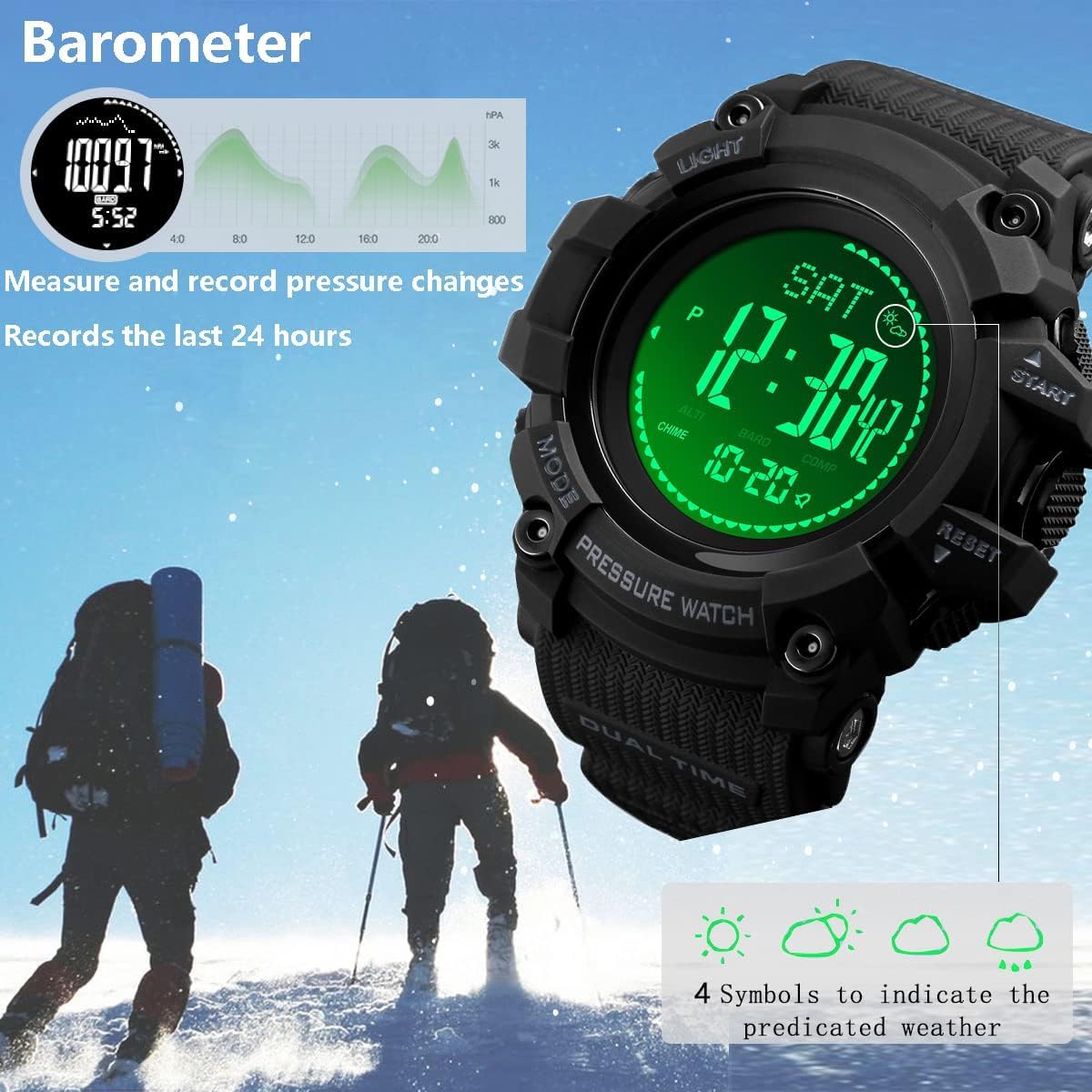 Reloj Digital al Aire Libre con Brújula, Altímetro, Barómetro, termómetro, Pedometro, a prueba de agua, para Deportes Extremos, Hombre