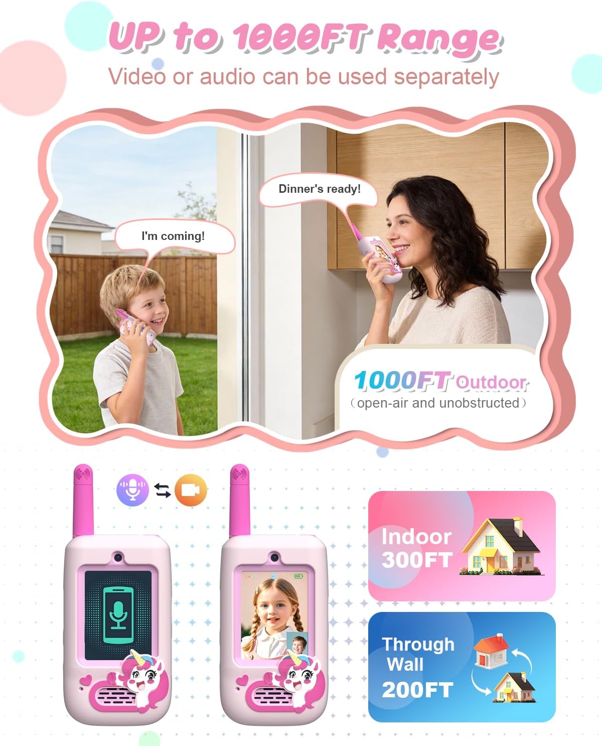 Walkie Talkies de video para niños, paquete de 2 cámaras HD recargables, de