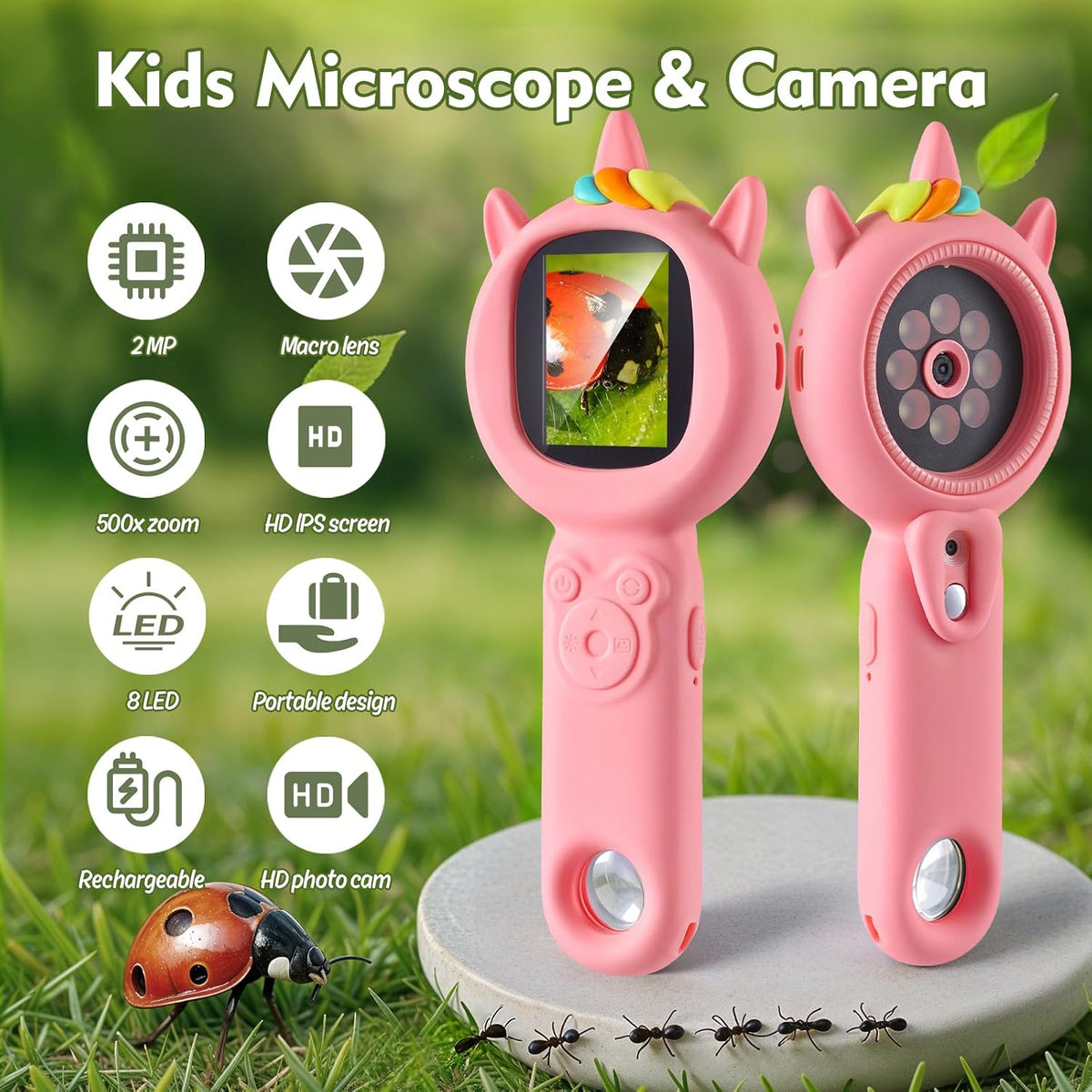 Microscopio para niños, microscopio de mano 500X para niños, rosa