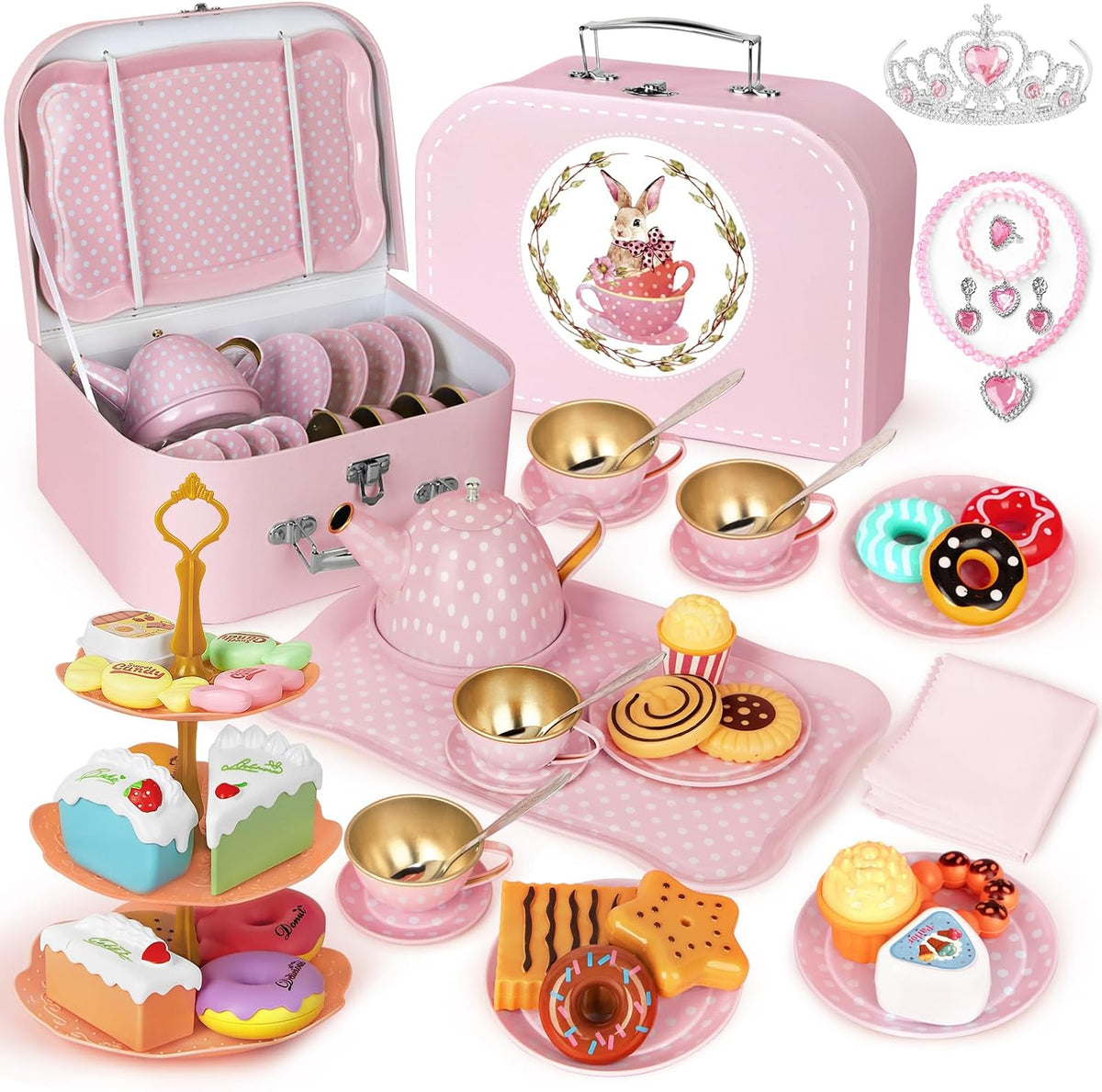 iAOVUEBY Juego de fiesta de té para niñas pequeñas, 49 piezas de juguetes de princesa para la hora del té, incluyendo juego de té, estuche de transporte de postres, juego de cocina de simulación para