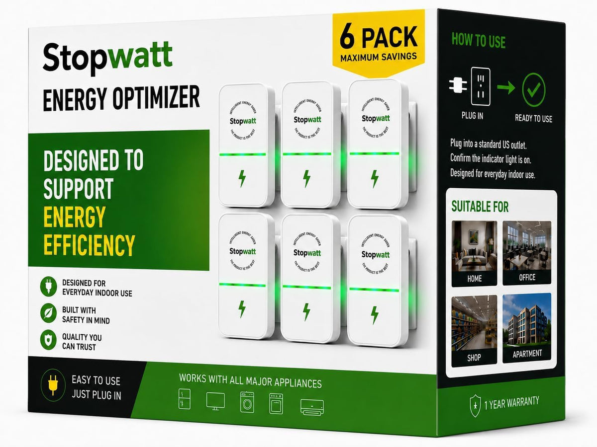 Stopwatt - Paquete de 6 dispositivos de enchufe inteligente, enchufe de parada de vatios Pro para el hogar, oficina, tienda y supermercado, estabilizador de voltaje de enchufe de EE. UU., 90 V-250 V