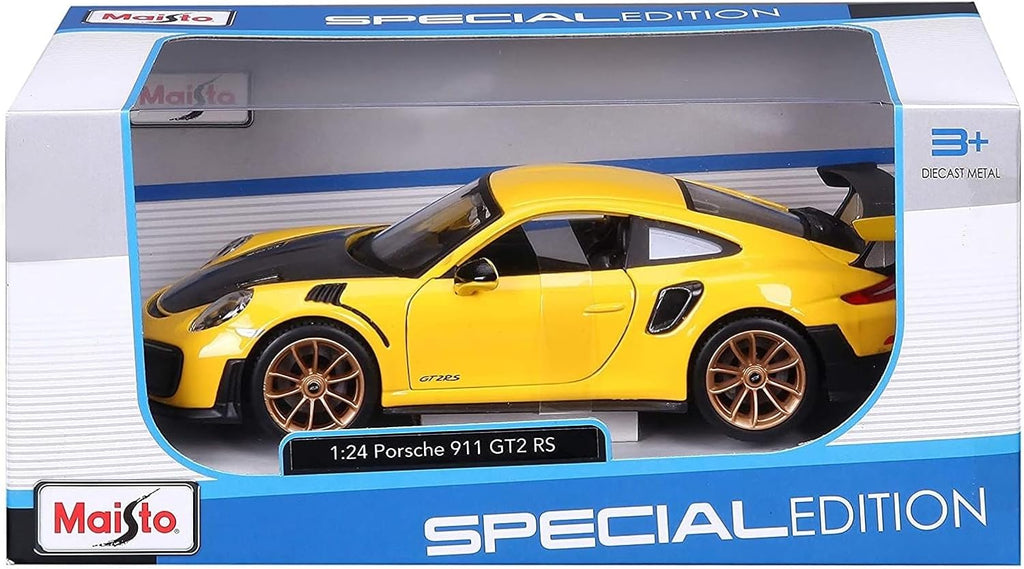 Maisto Porsche 911 GT2 RS Amarillo con Capucha de Carbono y Ruedas Doradas Edición Especial 1/24 Modelo de Coche Fundido a Presión