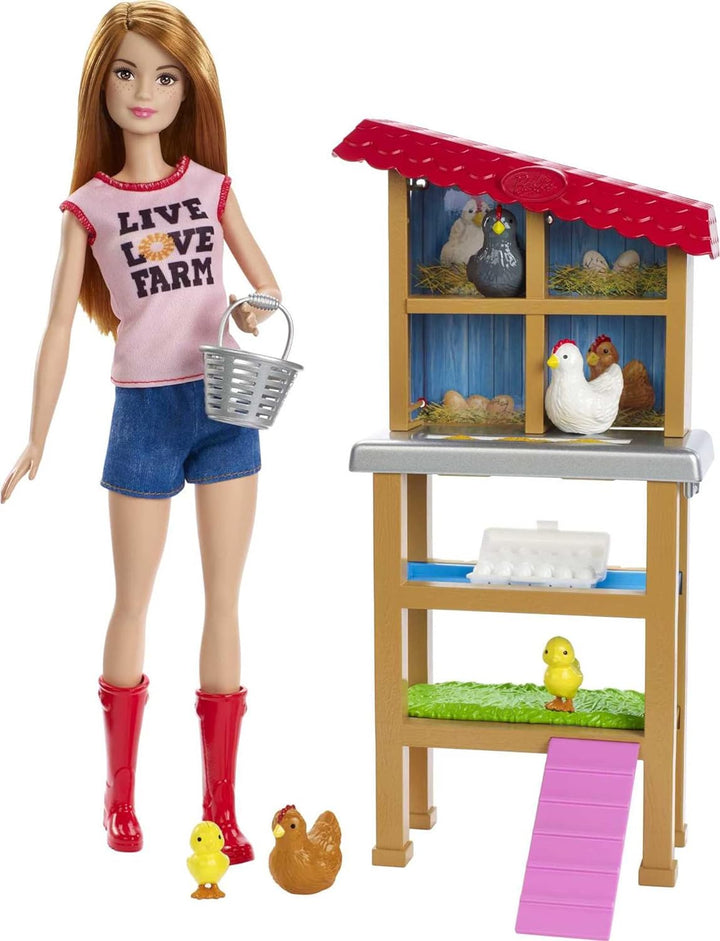 Barbie - Muñeca de granja de gallinas, pelirroja, y juego con galli...