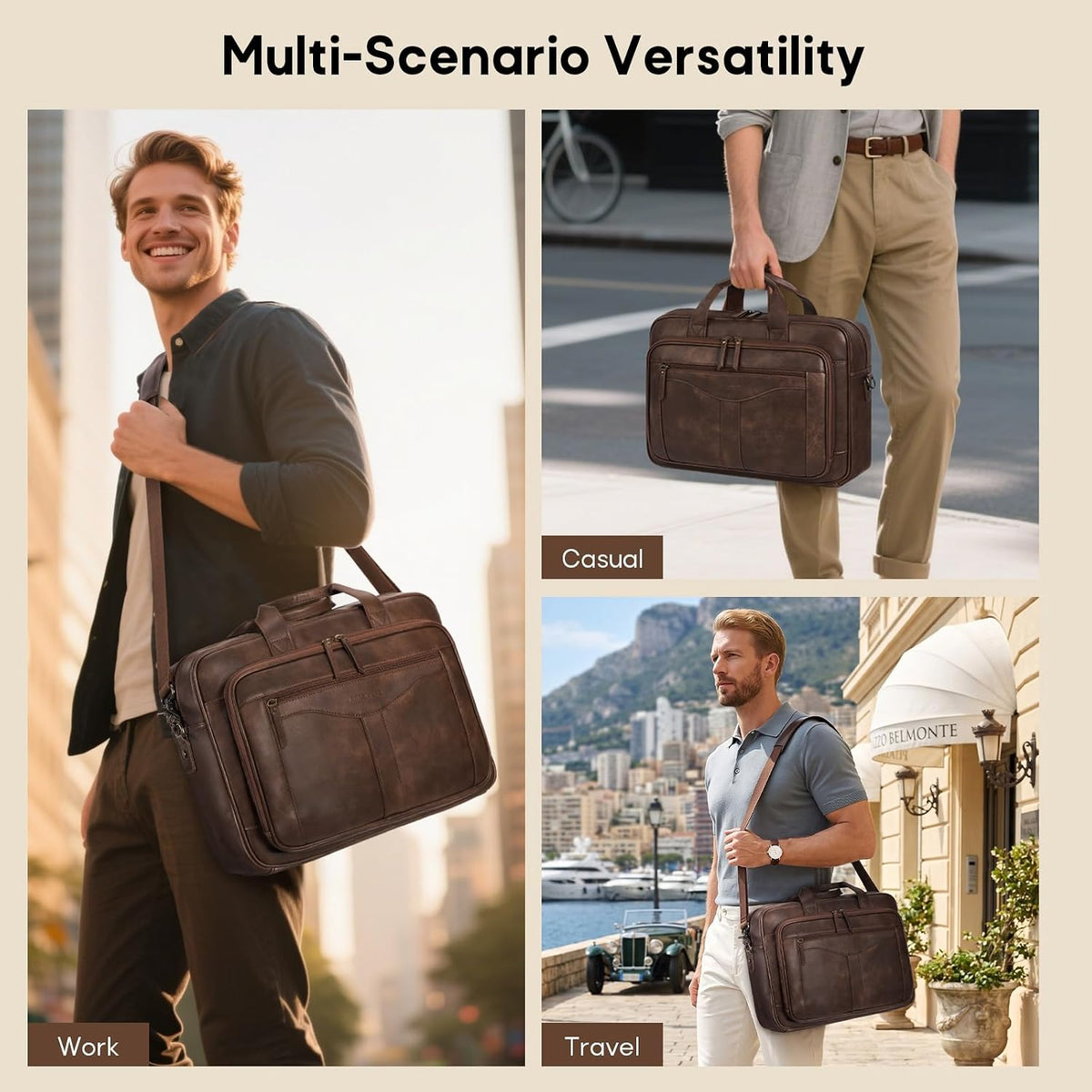 RAINSMORE Bolso de mensajero para hombre 16 pulgadas Vintage PU cuero