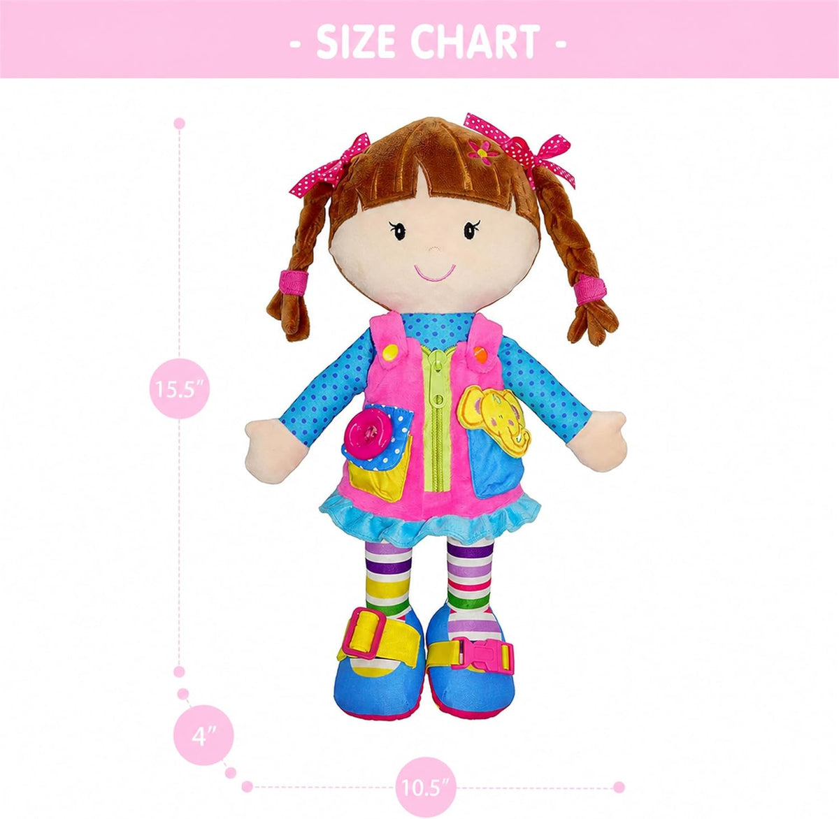 June Garden Dressy Friends Belle de 15.5 pulgadas, muñeca de peluche educativa para niños y niños pequeños de 2 años en adelante, juguete suave con hebilla Montessori