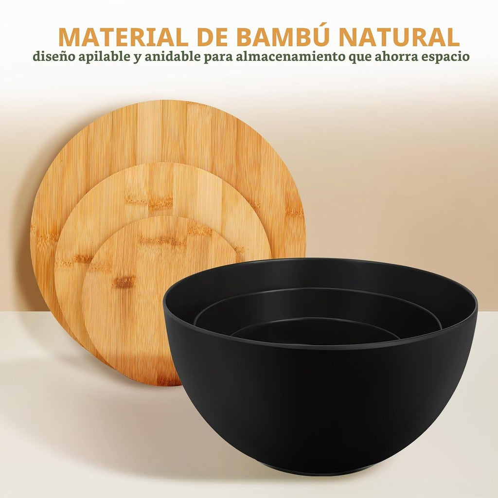 Juego de 3 cuencos de ensalada de fibra de bambú natural con tapas, tazón para preparar y servir ensalada, cereales, frutas, verduras, palomitas de maíz, papas fritas y pan (10, 8, 6 pulgadas)