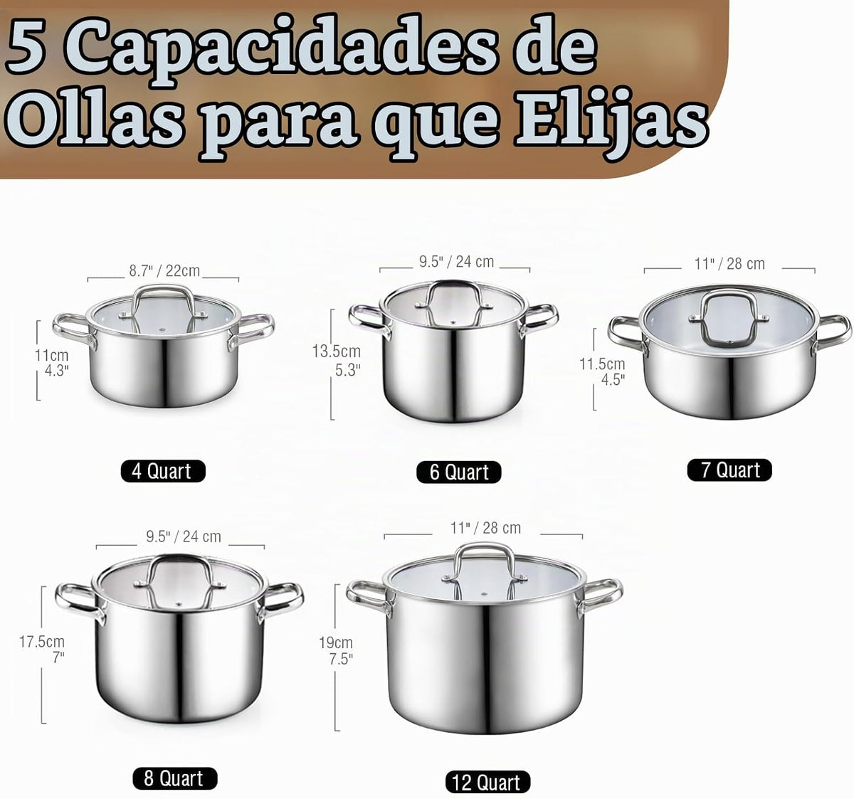 Cook N Home Olla de acero inoxidable revestido de tres capas de 7 cuartos