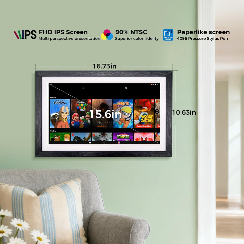 Pantalla inteligente de 15.6" con Google Calendar, Google Play, sin suscripción, nogal