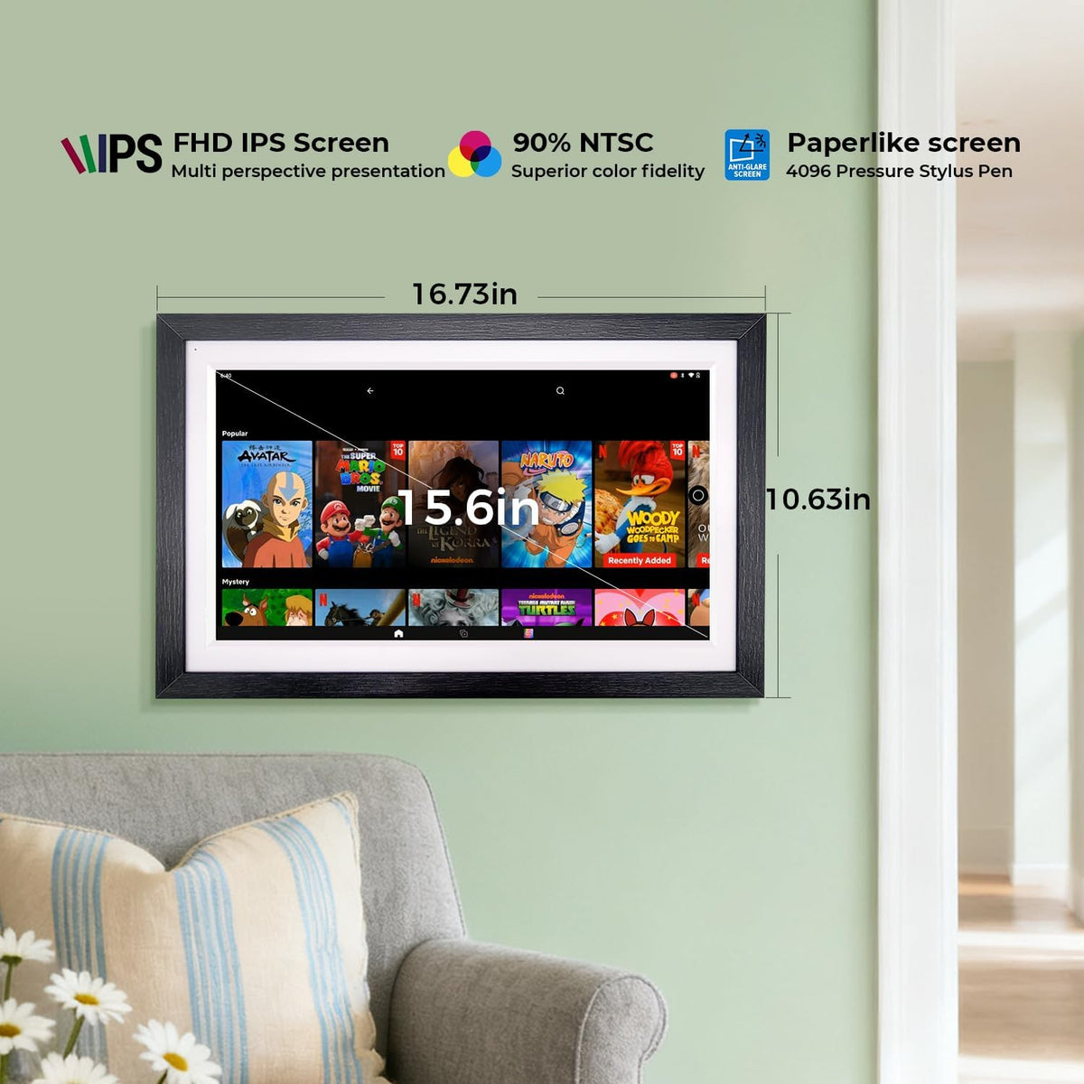 Pantalla inteligente de 15.6" con Google Calendar, Google Play, sin suscripción, nogal