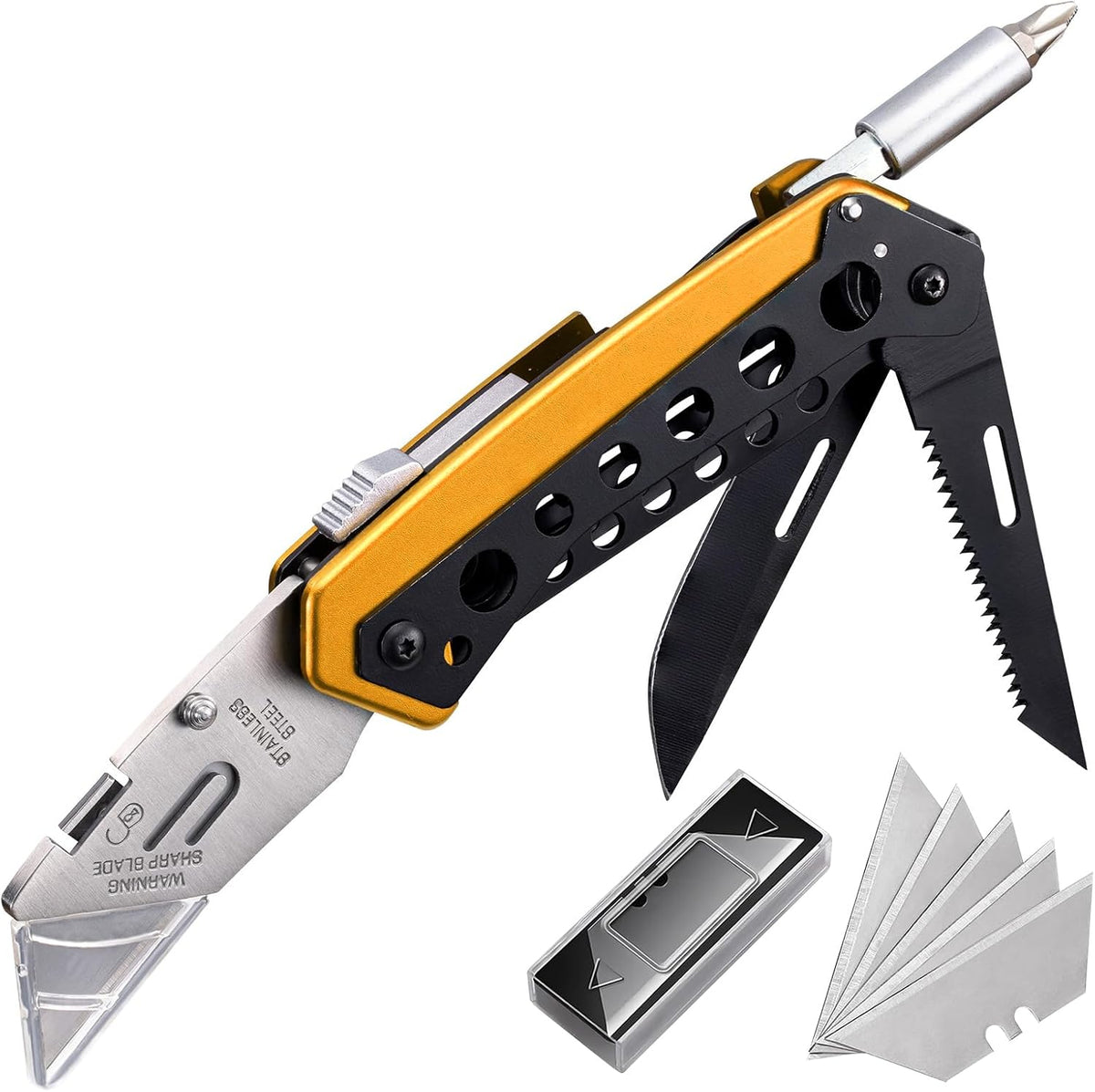 Cuchillo Utilitario Plegable, Cuchillo Cortador de Cajas, Cuchillos de Trabajo con Navaja, Multiherramienta de Cuchillos Utilitarios 6 en 1 con 5 Cuchillas, Destornillador, Sierra, Clip para