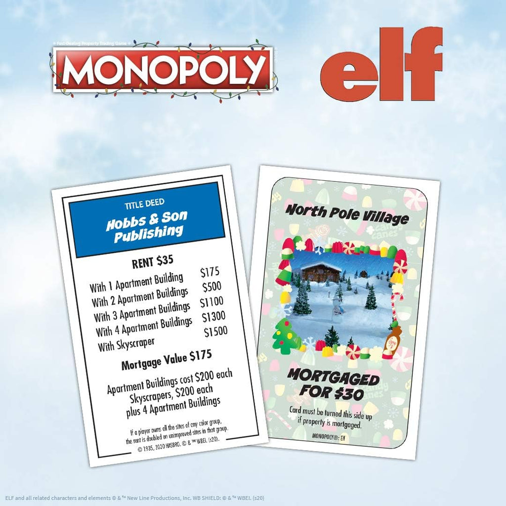 Monopoly Elf | Basado en la comedia navideña Elf | Juego de monopolio coleccionable con lugares familiares y momentos icónicos | Monopoly oficialmente licenciado