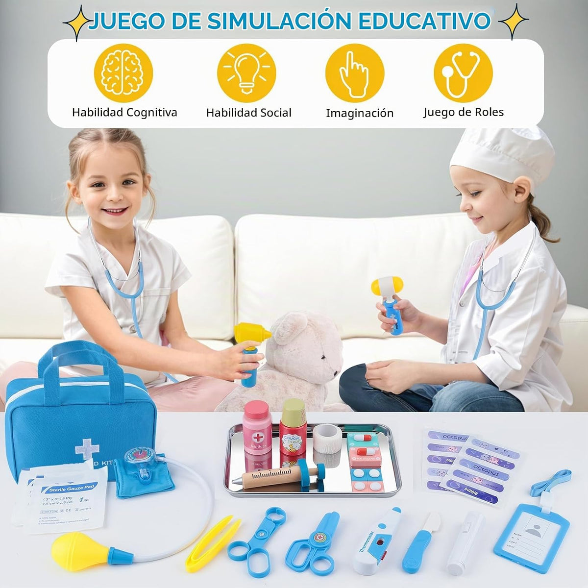 Kit de médico para niños, 36 piezas de juego de doctor para niños pequeños de 3 a 5 años con bolsa de almacenamiento médico y estetoscopio real, kits médicos, juguetes de médico, divertido juego de rol de médico, regalo para niños pequeños