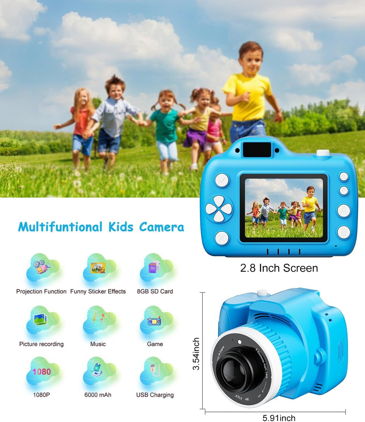 Cámara para niños con proyector para niñas de 5 a 12 años, cámara digital