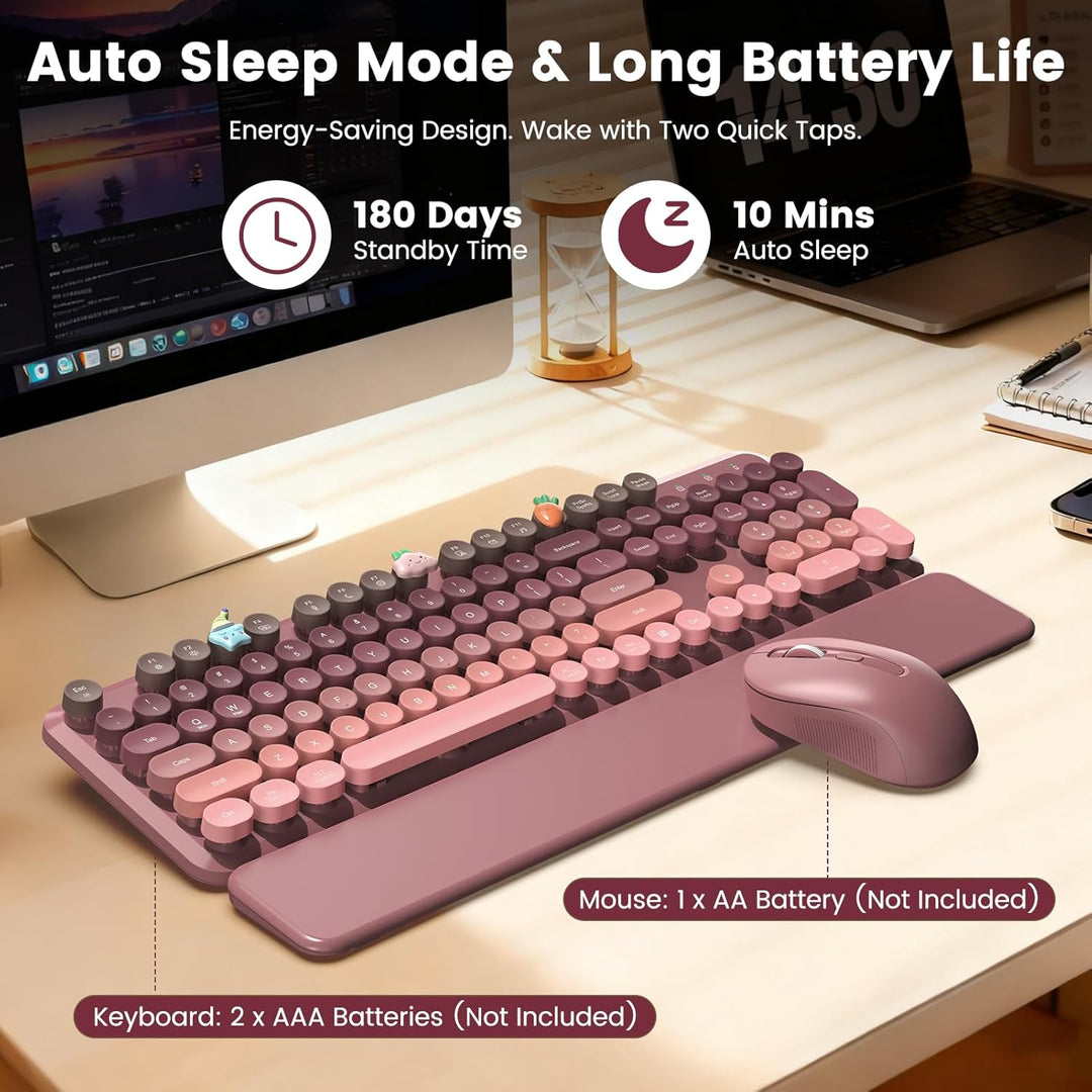 Combo de teclado y mouse inalámbricos, bonito teclado retro con tec...