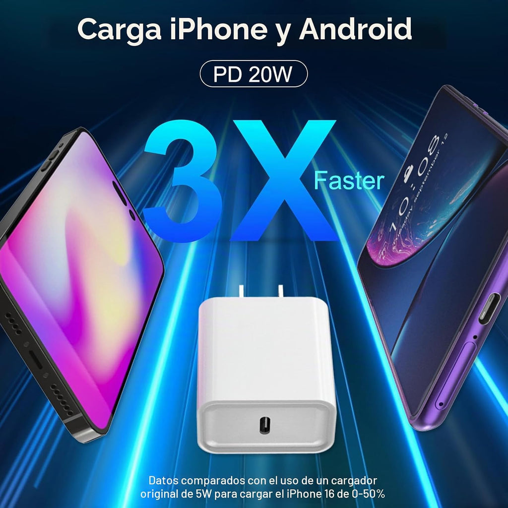 Cargador de carga rápida para iPhone 16 y 15, paquete de 3 cargadores USB C PD de 20 W con cable de 10 pies, cable USB C tipo C para iPhone 16/16 Plus/16 Pro/16 Pro Max/15/15 Pro/15 Pro Max (blanco)