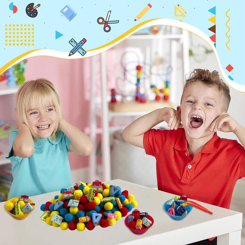 154Pcs Back a School Sensory Bin Filler Fine Motor Toys Stationery Sensory Bin Items Counting Sorting Toy para Preschool Education Activities Include Pom Poms Pen Scissors Notebooks Cup