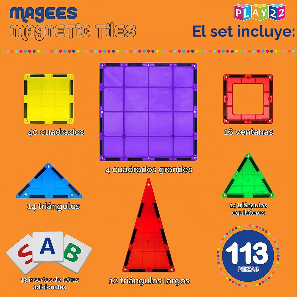 Bloques de construcción de azulejos magnéticos, juego avanzado de 113 piezas, juguetes STEM para niños y niñas de más de 3 años, imanes más fuertes, incluye 13 tarjetas del alfabeto, aprendizaje