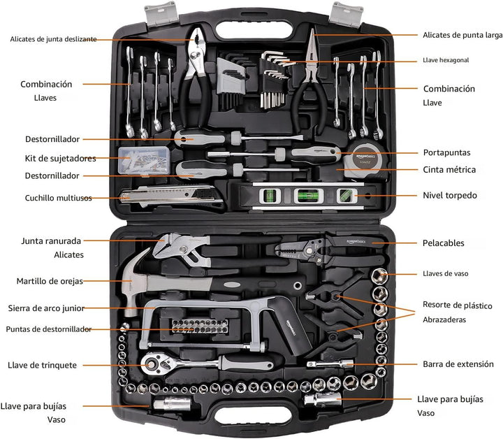 AmazonBasics Caja de herramientas manuales para el hogar, 173 piezas