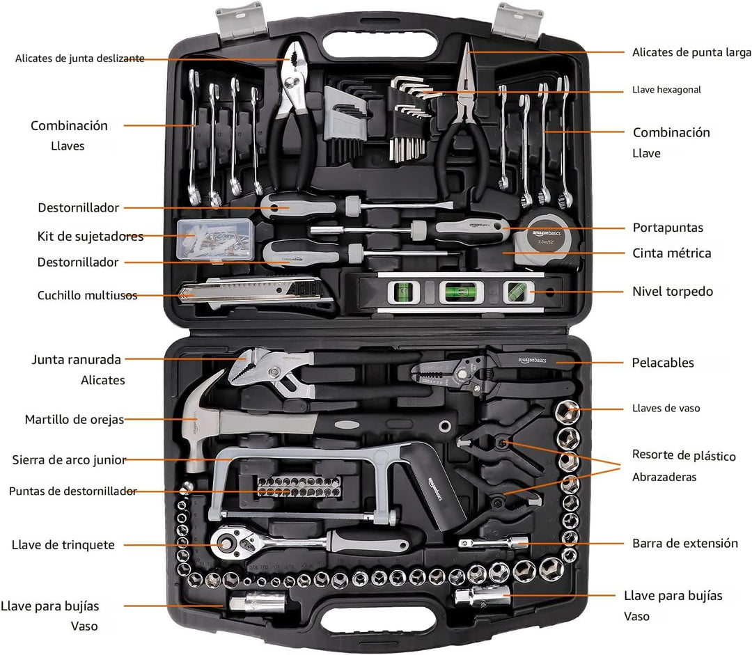 AmazonBasics Caja de herramientas manuales para el hogar, 173 piezas