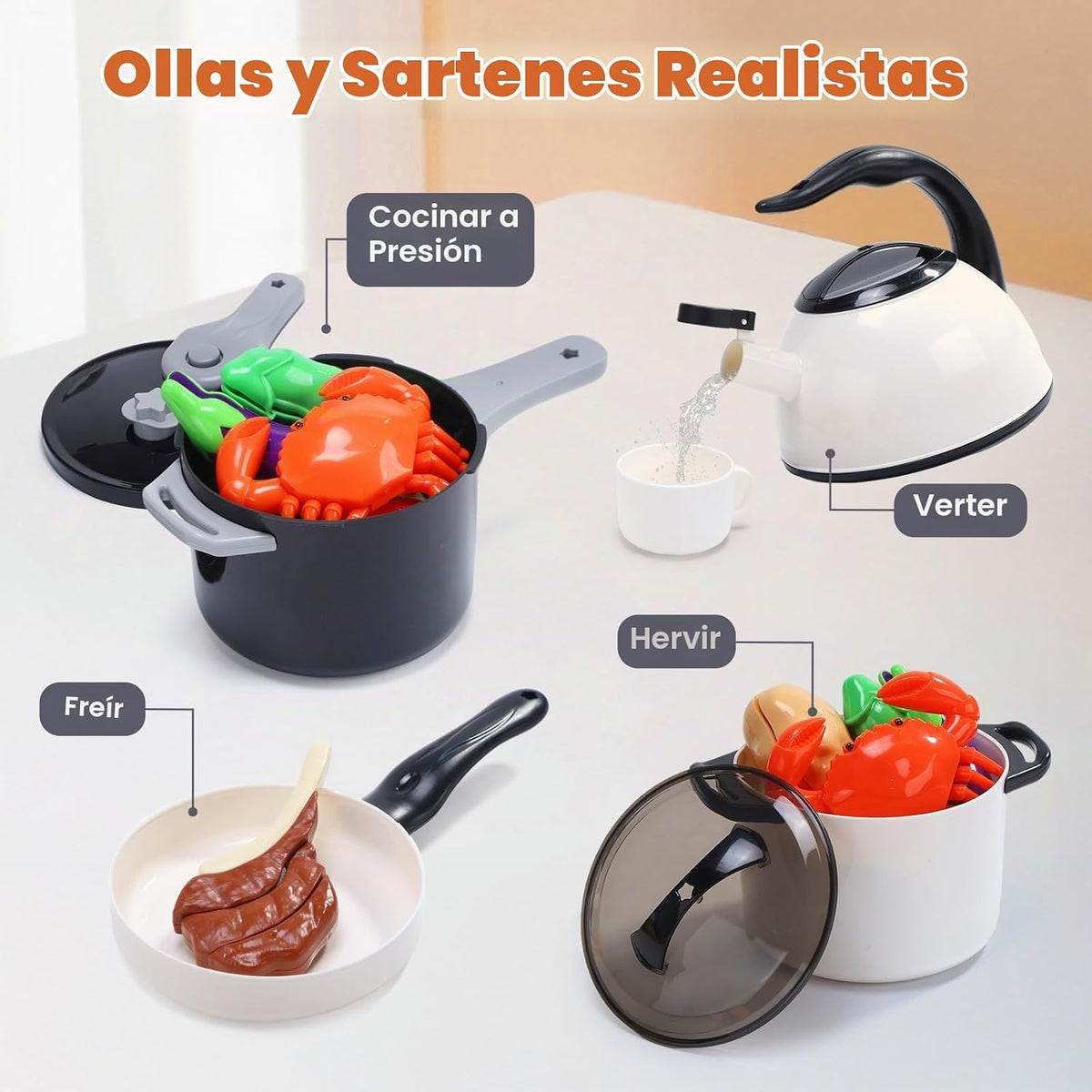 HOLYFUN 74PCS Accesorios de cocina para niños con comida de juego y cesta