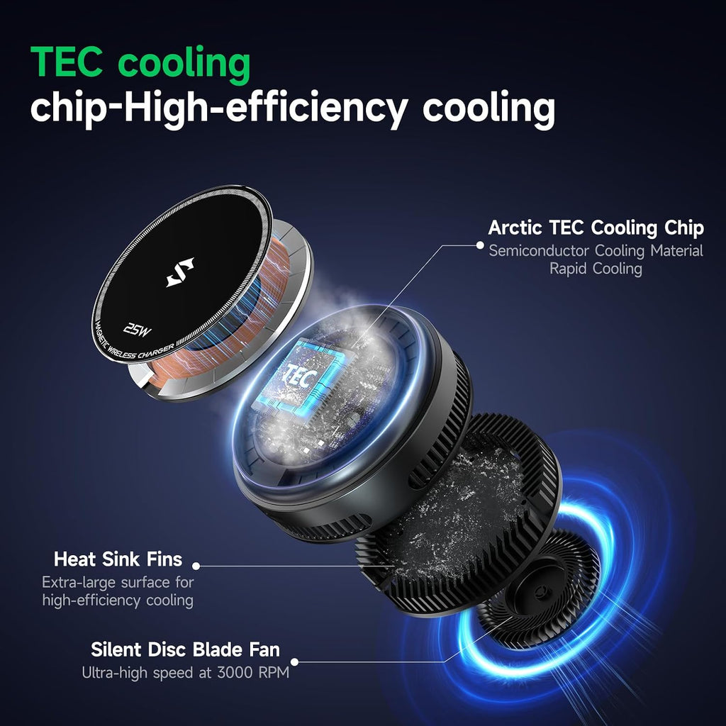 Black Shark Cargador inalámbrico con ventilador de refrigeración, almohadilla magnética de doble cara de 25 W compatible con carga MagSafe de iPhone 17/16/15/14, enfriador de teléfono para juegos/transmisión