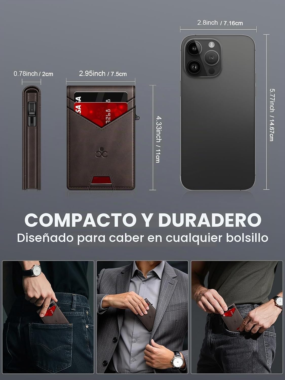 Billetera para hombre con bloqueo RFID minimalista para 12-14 tarjetas | Cartera inteligente delgada y plegable con ventana para identificación y ranura para efectivo, bolsillo frontal, estuche