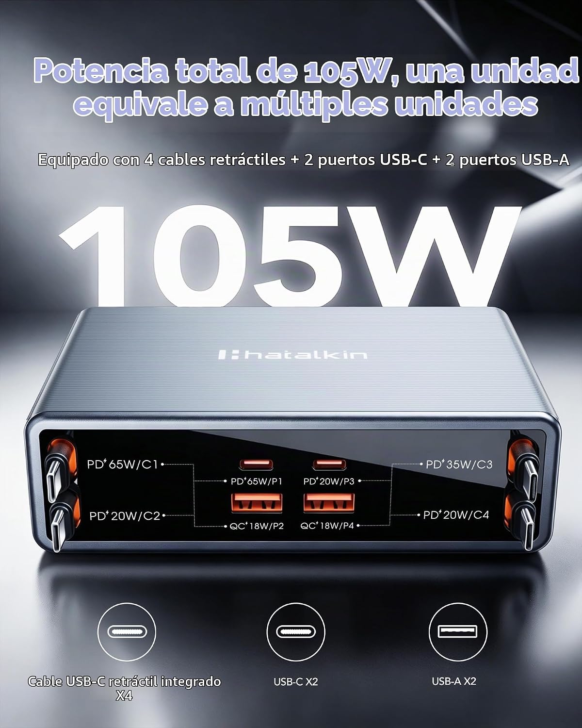 Estación de carga 8 en 1 para múltiples dispositivos, cable retráctil de 65