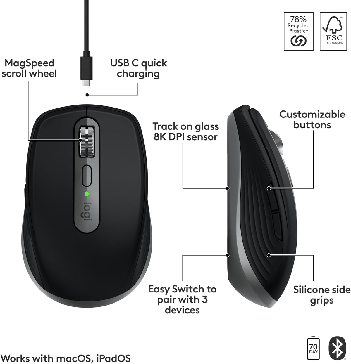 Logitech MX Anywhere 3S para Mac, mouse Bluetooth inalámbrico compa...