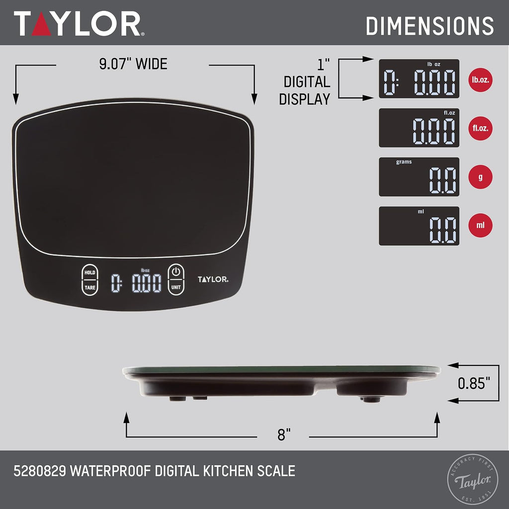 Taylor Báscula de cocina digital impermeable, 11 libras, color negro