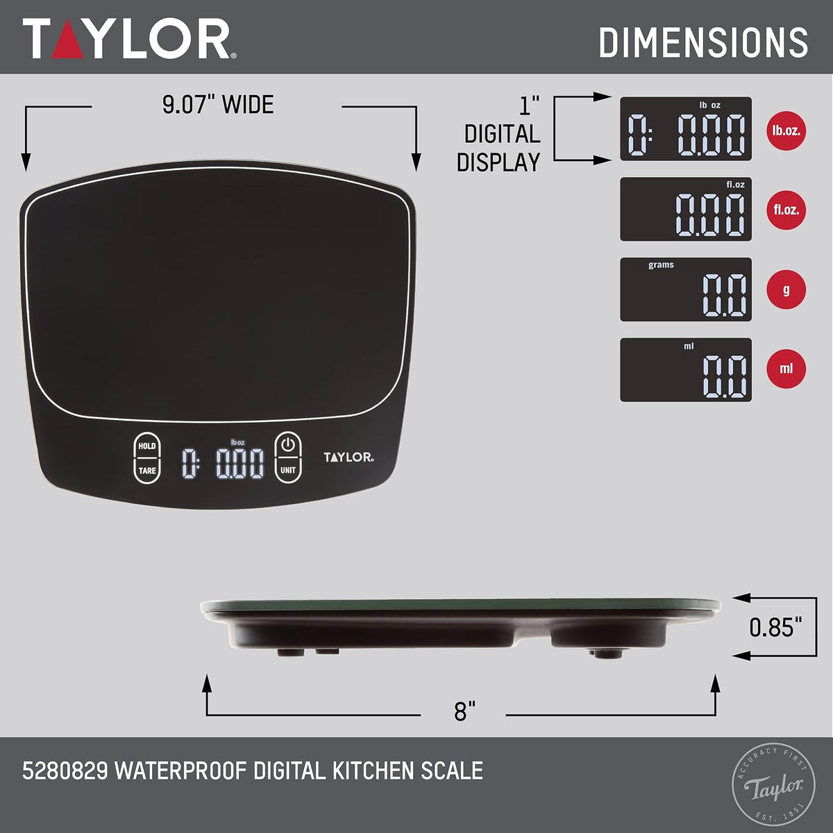 Taylor Báscula de cocina digital impermeable, 11 libras, color negro