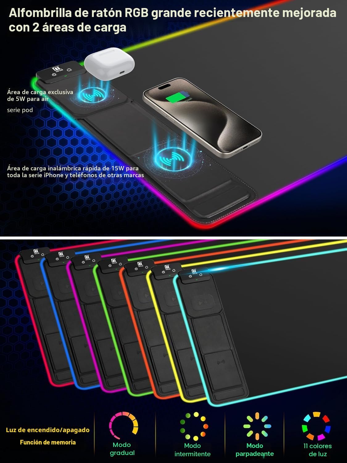 Alfombrilla de mouse XXL con soporte para teléfono, color negro, alfombrilla de escritorio RGB con carga rápida de 15 W, alfombrilla de mouse LED para juegos con 11 colores claros, almohadilla