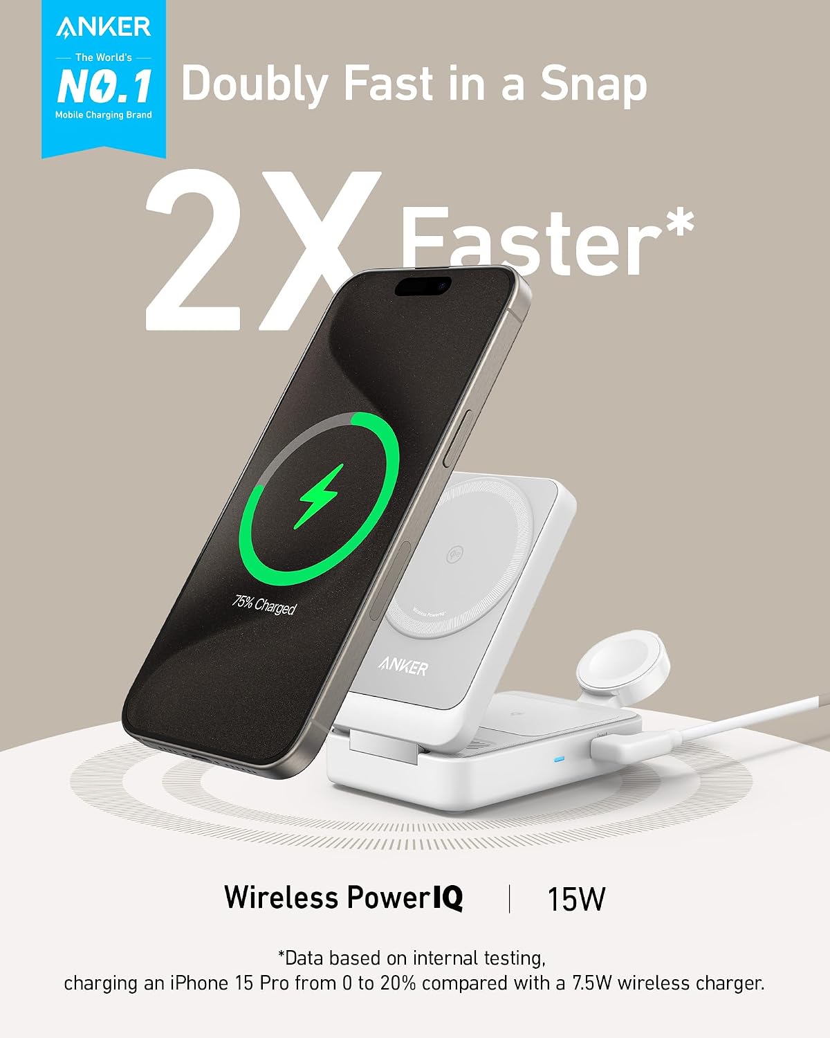Anker MagGo 3-en-1 compatible con MagSafe Qi2 15W Estación de carga plegable