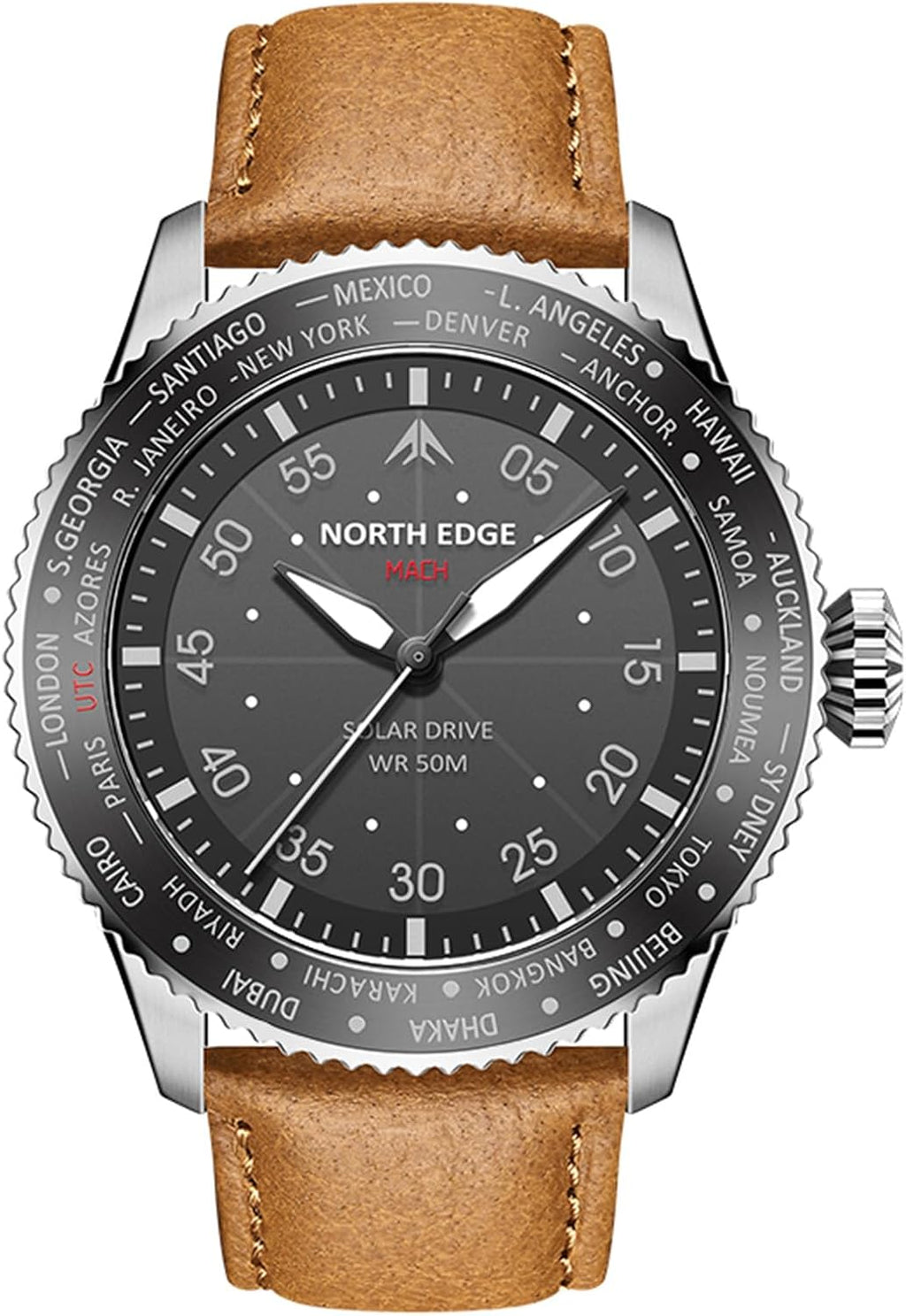Reloj Solar Pilot para Hombre NORTH EDGE - Movimiento de Cuarzo, Cristal Mineral, Correa de Cuero Ligera y Duradera, Modelo: MACH